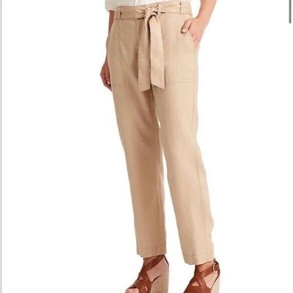Lauren‎ Ralph Lauren Womens 12P Sash Belted 100% Linen Ankle Pants Cream coastal - Picture 1 of 11